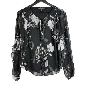 White House Black Market Floral Ruffled Chiffon Blouse LS Scoop Neck - XS